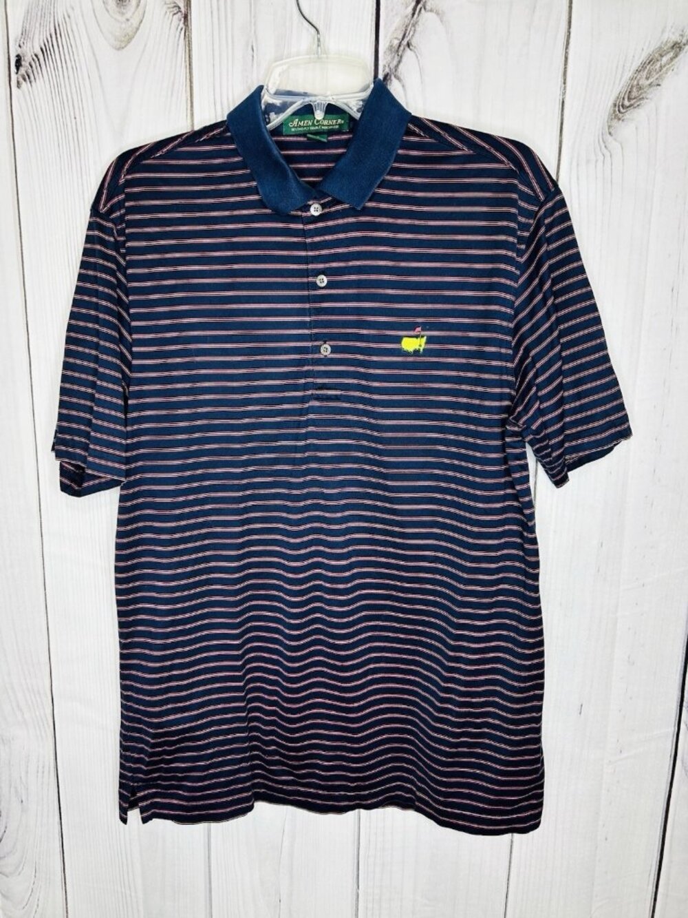 Amen Corner THE MASTERS Polo Shirt Mens Sz M Short Sleeve Navy Red Striped